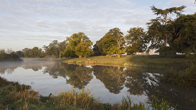 Autumn scene of a river lined with trees and covered in a thin veil of mist